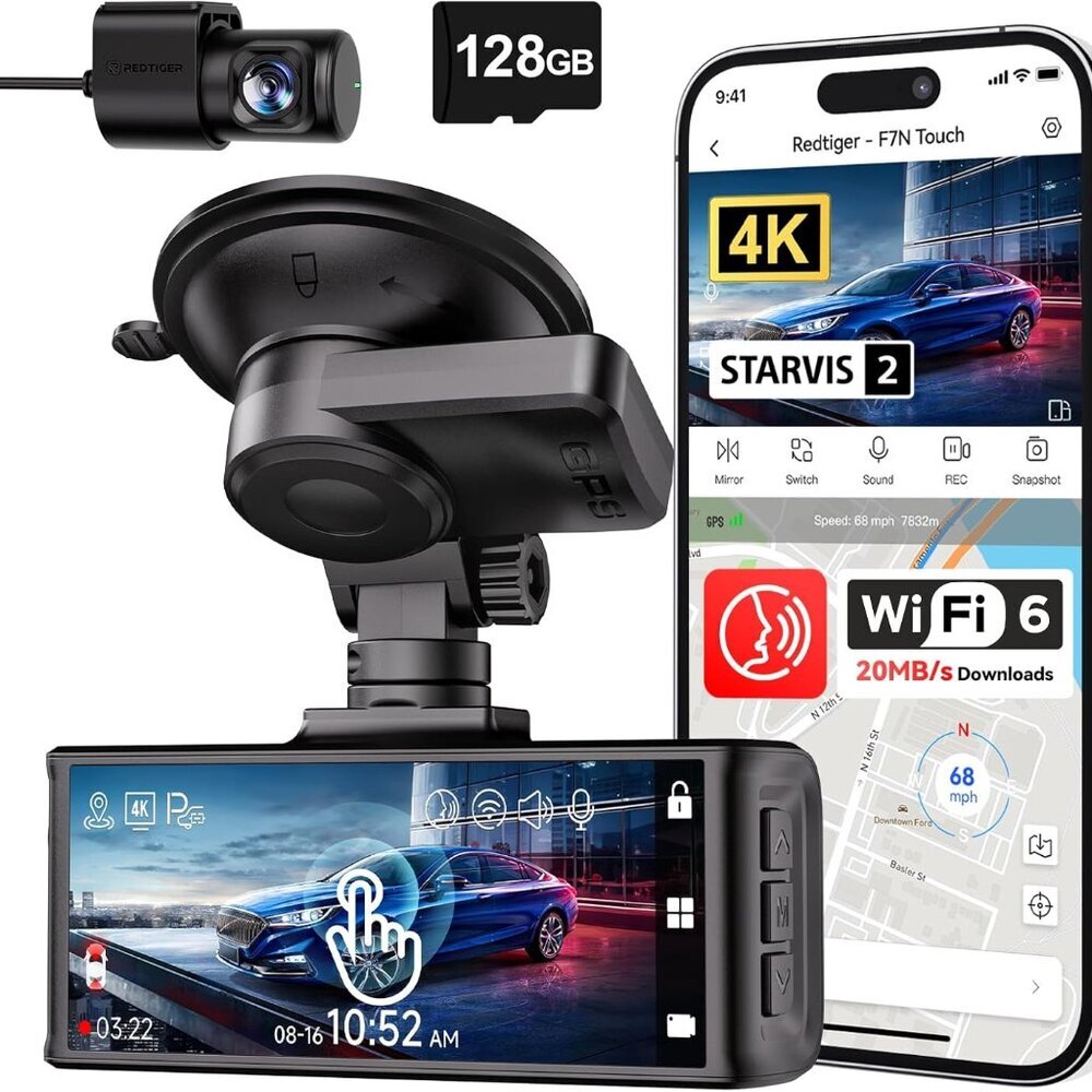 4K Dash Cam Front and Rear, STARVIS 2 Sensor, Touch Screen 3.18", 128GB Card Inc